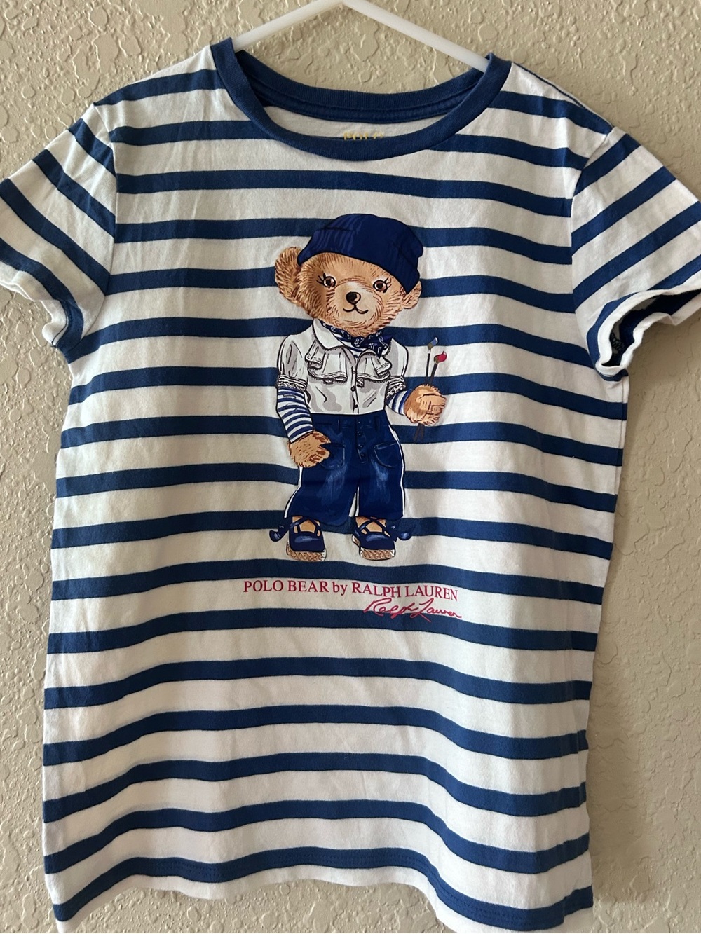 Ralph Lauren Girls’ Blue & IvoryStrip Polo Bear Tee (M 8-10)